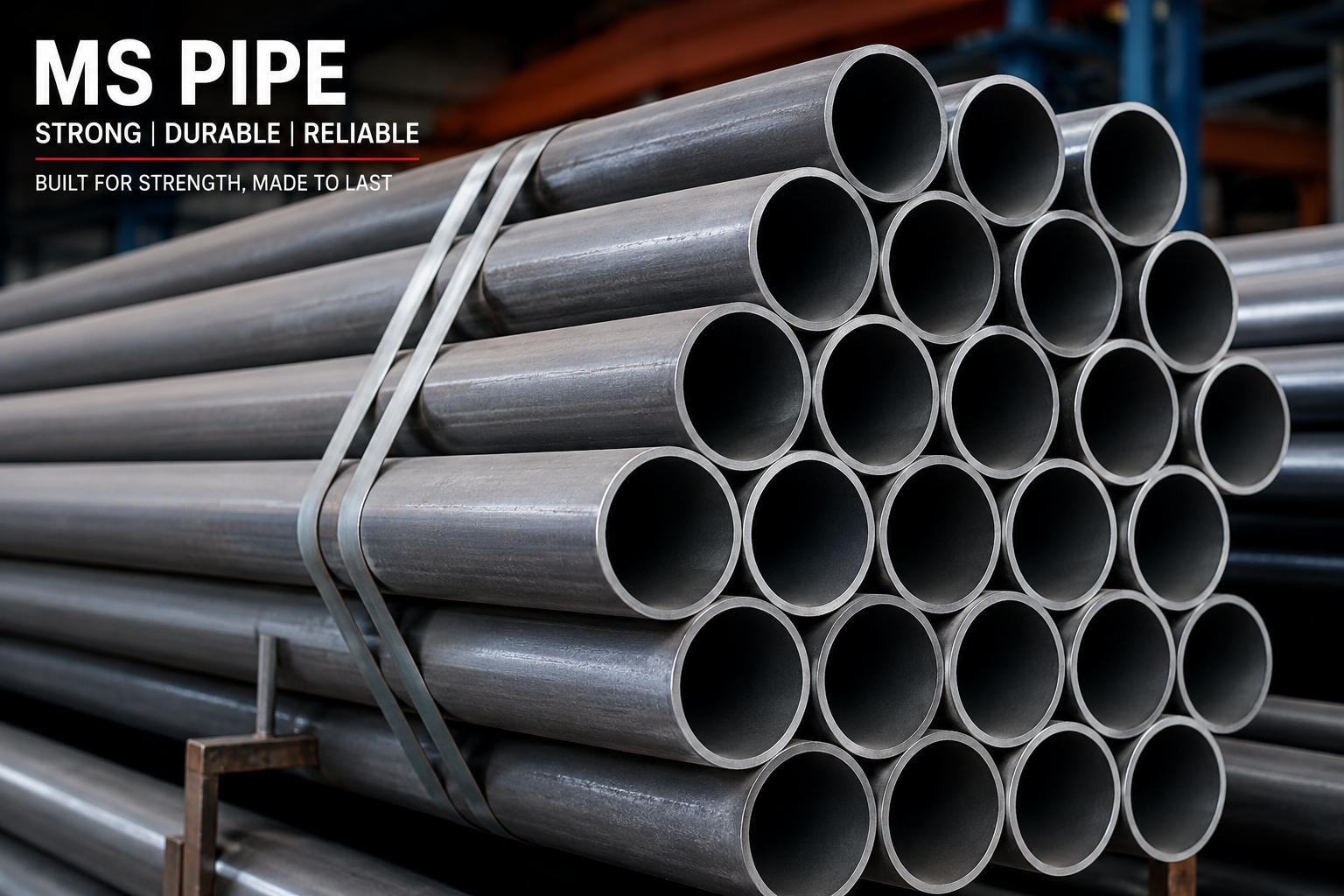 Mild Steel Pipes IS 1239 bundles stacked in steel warehouse yard - mspipesupplier.in